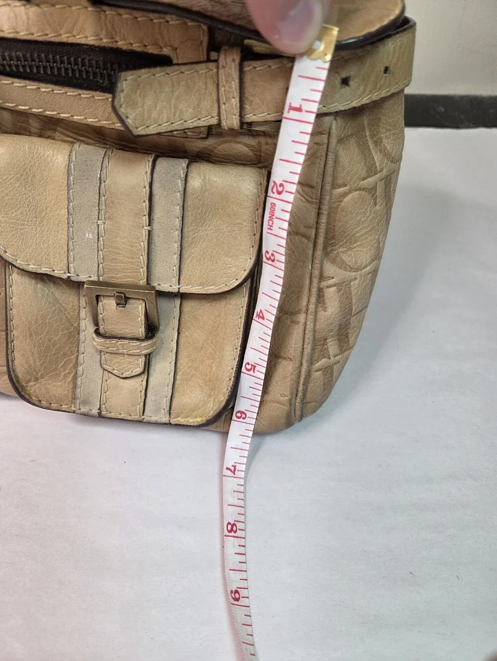 Carolina Herrera Beige Croc-Embossed Leather Satchel with Front Pockets